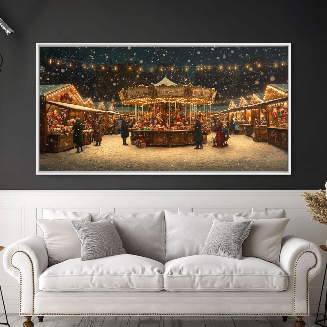 Night Christmas Market Carousel Snow String Lights Festive Poster - Image 4
