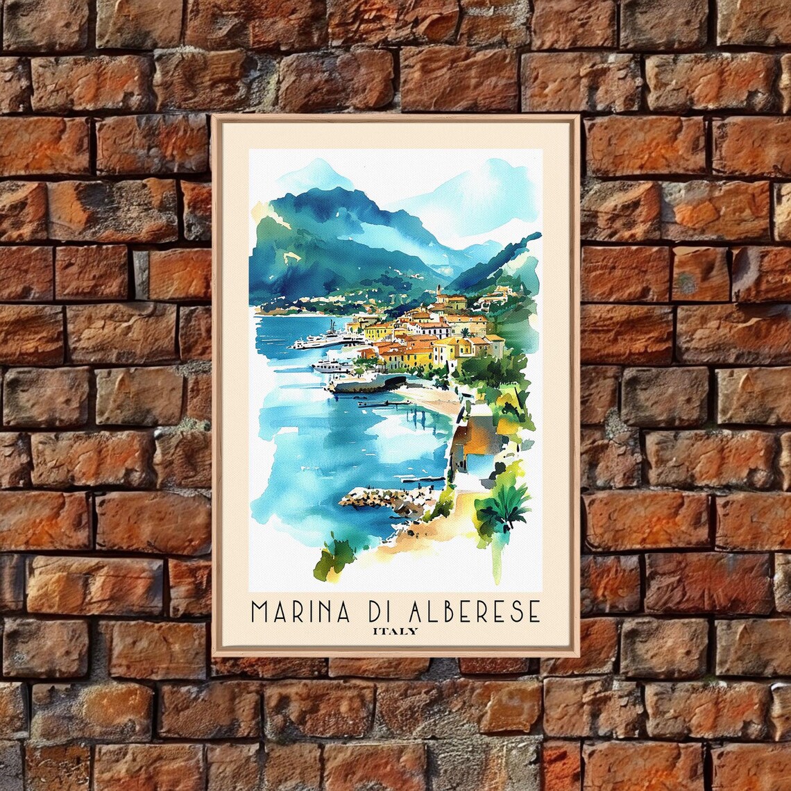 Marina di Alberese Italy Harbor Town Mountain Coast Watercolor Poster - Image 4