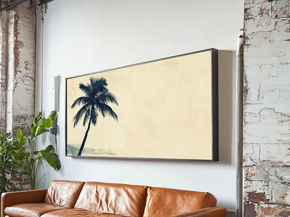 Leaning Palm Tree Silhouette Cream Beach Minimalist Painting Wall Art - Image 3