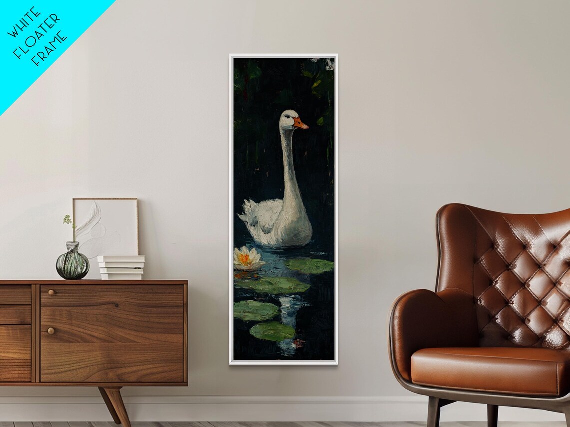 White Swan on Dark Lily Pond Water Lilies Graceful Bird Wall Art - Image 6