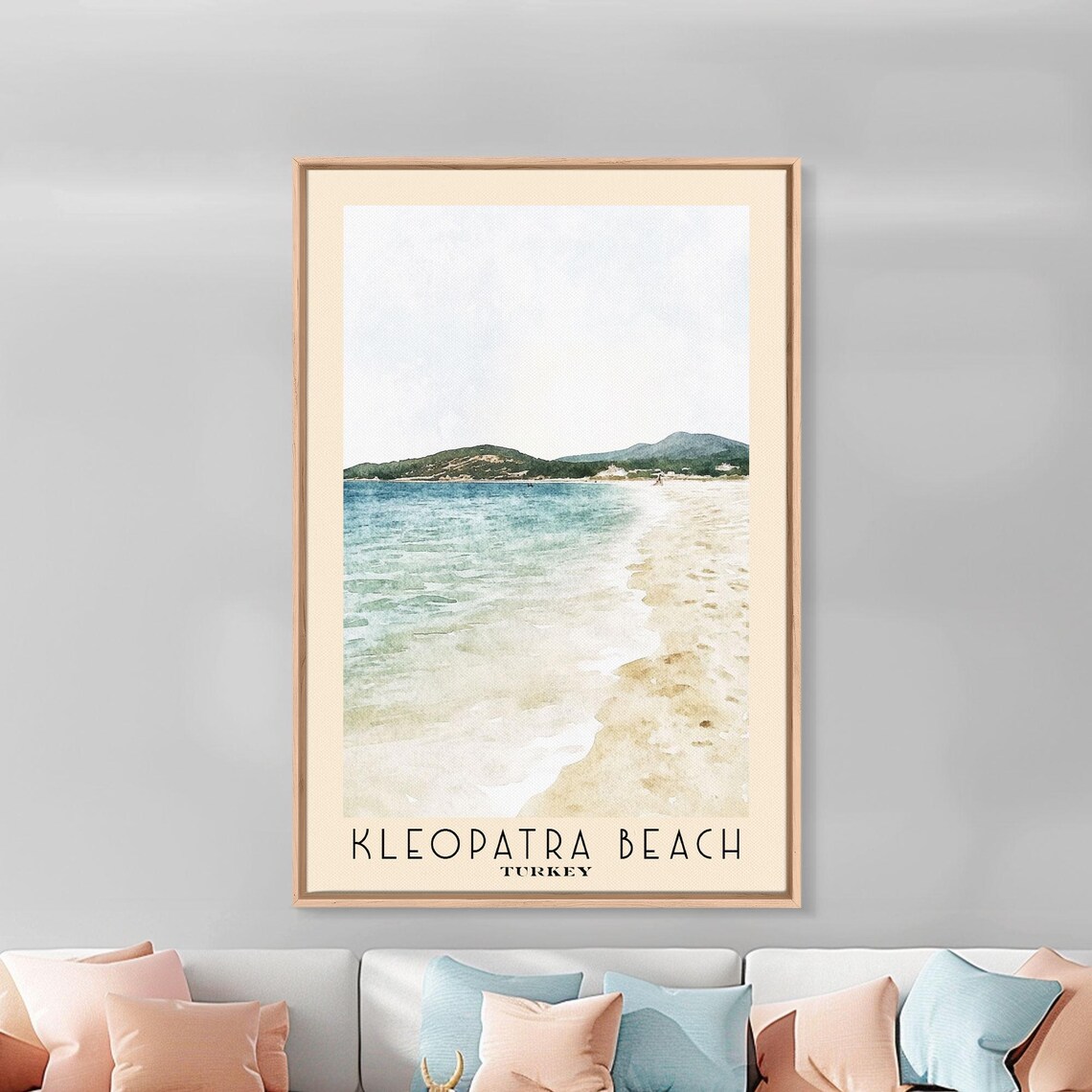 Kleopatra Beach Turkey White Sand Shore Green Headland Watercolor Poster - Image 3