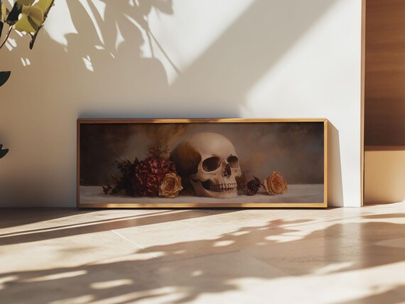 Skull And Flowers Still Life Panoramic Painting Moody Gothic Roses Poster