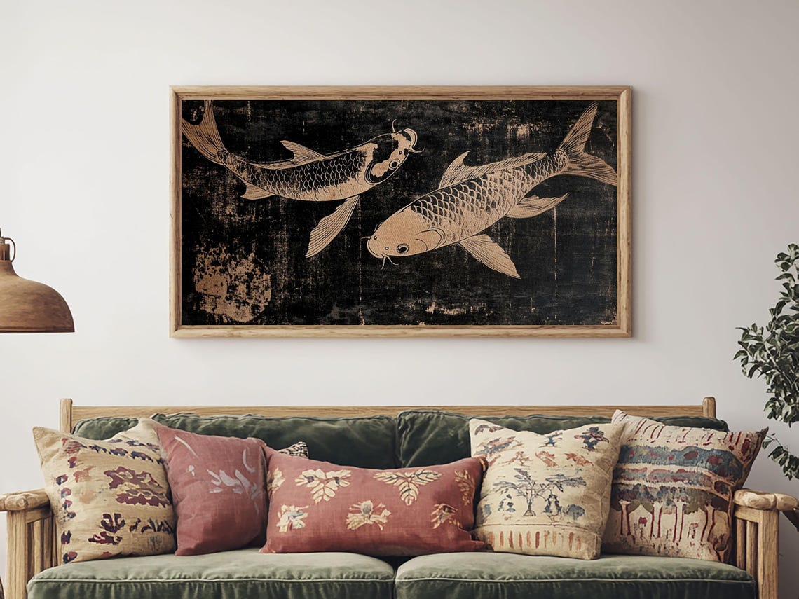 Two Koi Fish Gold Black Japanese Woodblock Style Elegant Art Print - Image 3