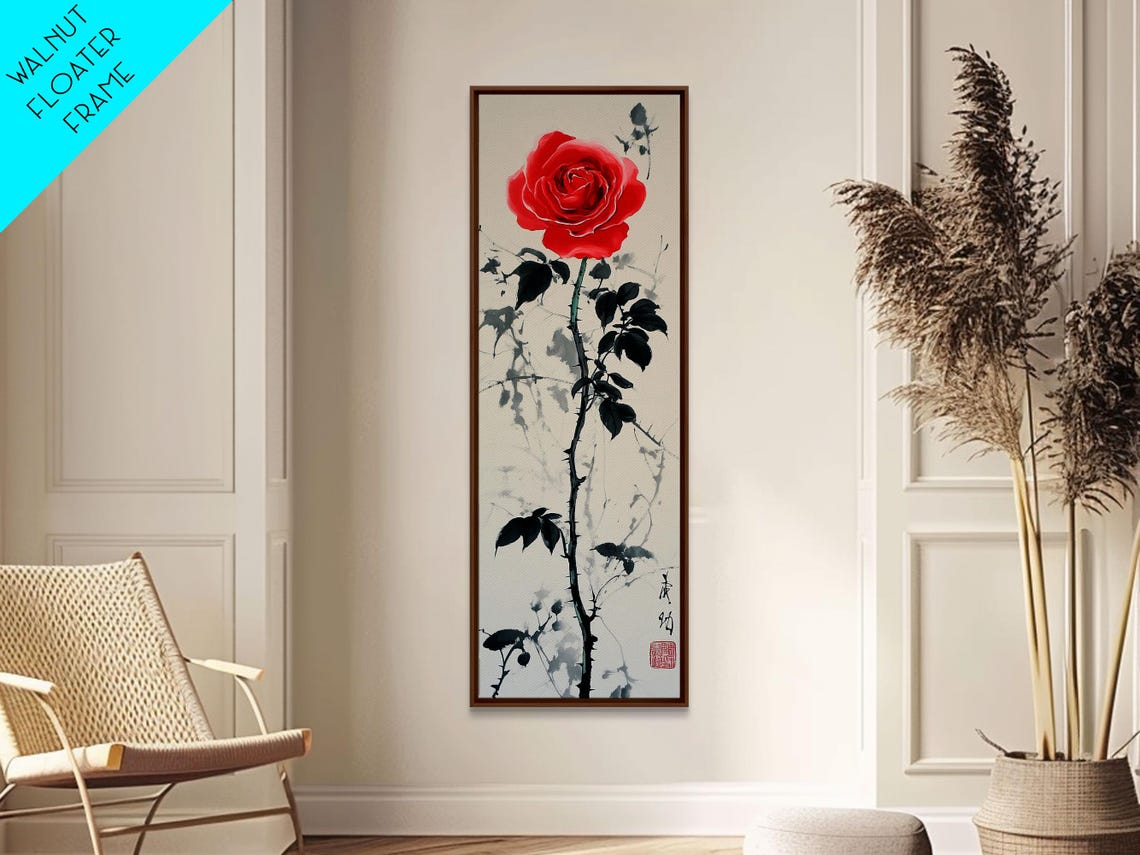 Red Rose Ink Wash Leaves White Background East Asian Botanical Poster