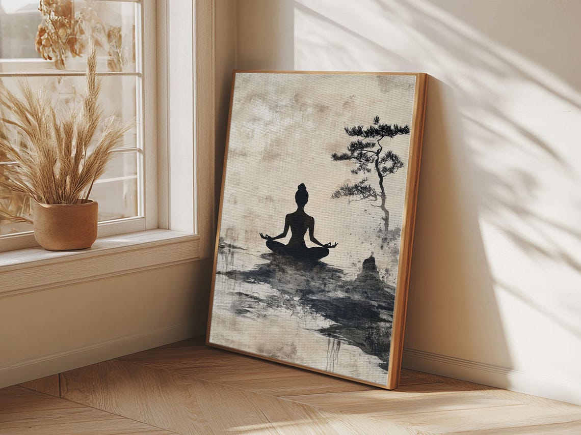 Zen Meditation Silhouette Pine Tree Ink Wash Minimalist Calm Wall Art - Image 2