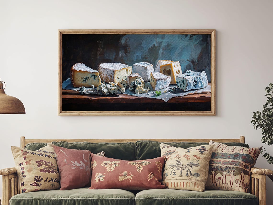 Blue Cheese Wedges Still Life Dark Table Rustic Oil Painting Print - Image 2