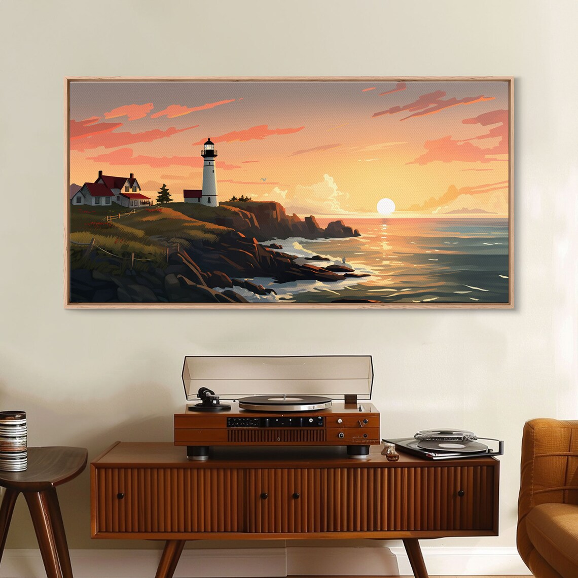 White Lighthouse Rocky Coast Sunset Orange Sky Ocean Waves Nautical Wall Art Poster - Image 4