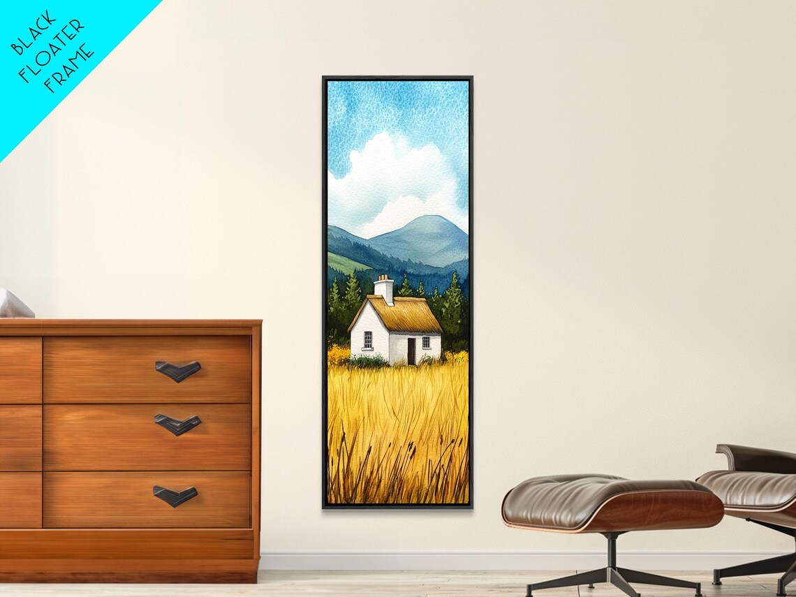 White Cottage in Golden Wheat Field Mountains Blue Sky Wall Art - Image 5