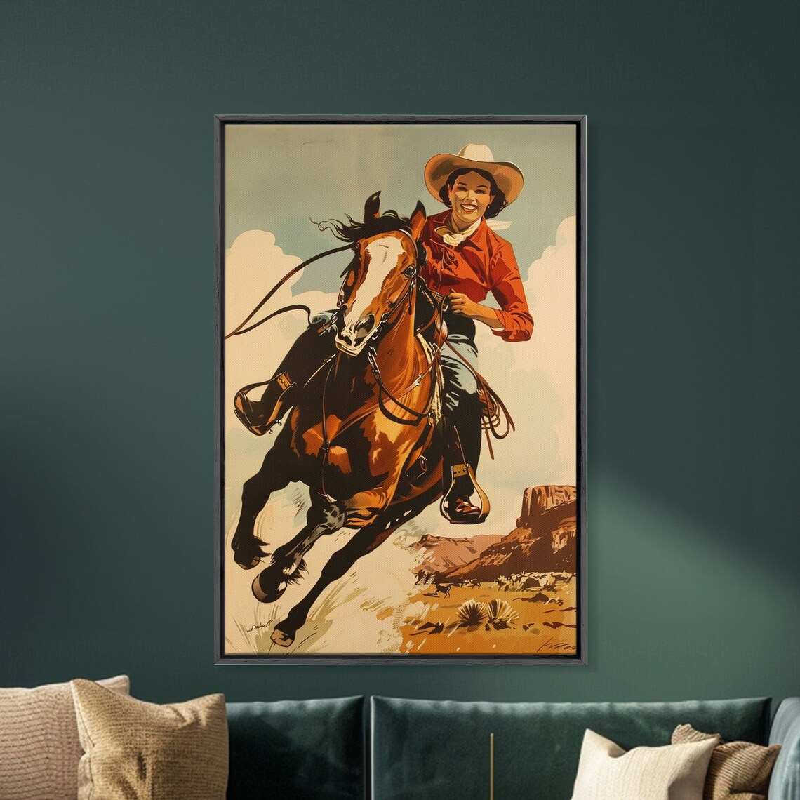 Retro Cowgirl Riding Galloping Horse Desert Canyon Ranch Poster