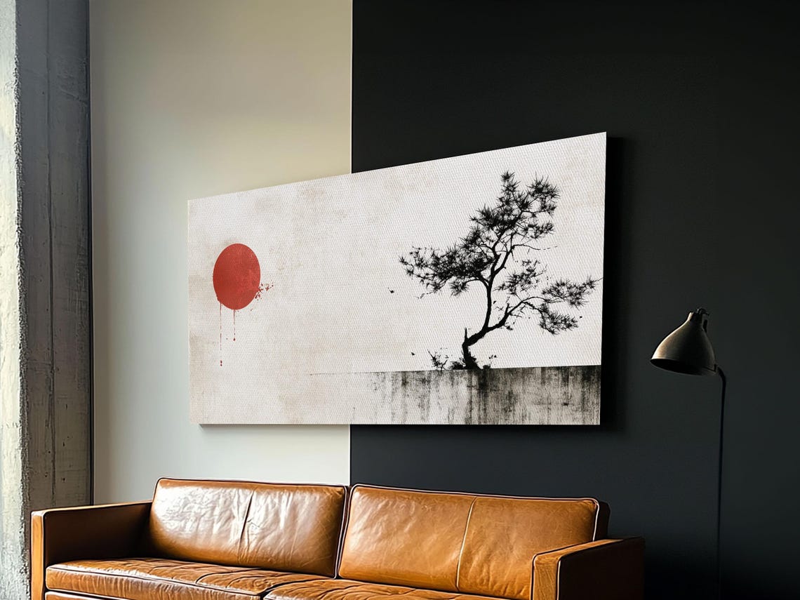 Japanese Red Sun Pine Tree Minimalist Ink Painting Zen Wall Art Poster - Image 4