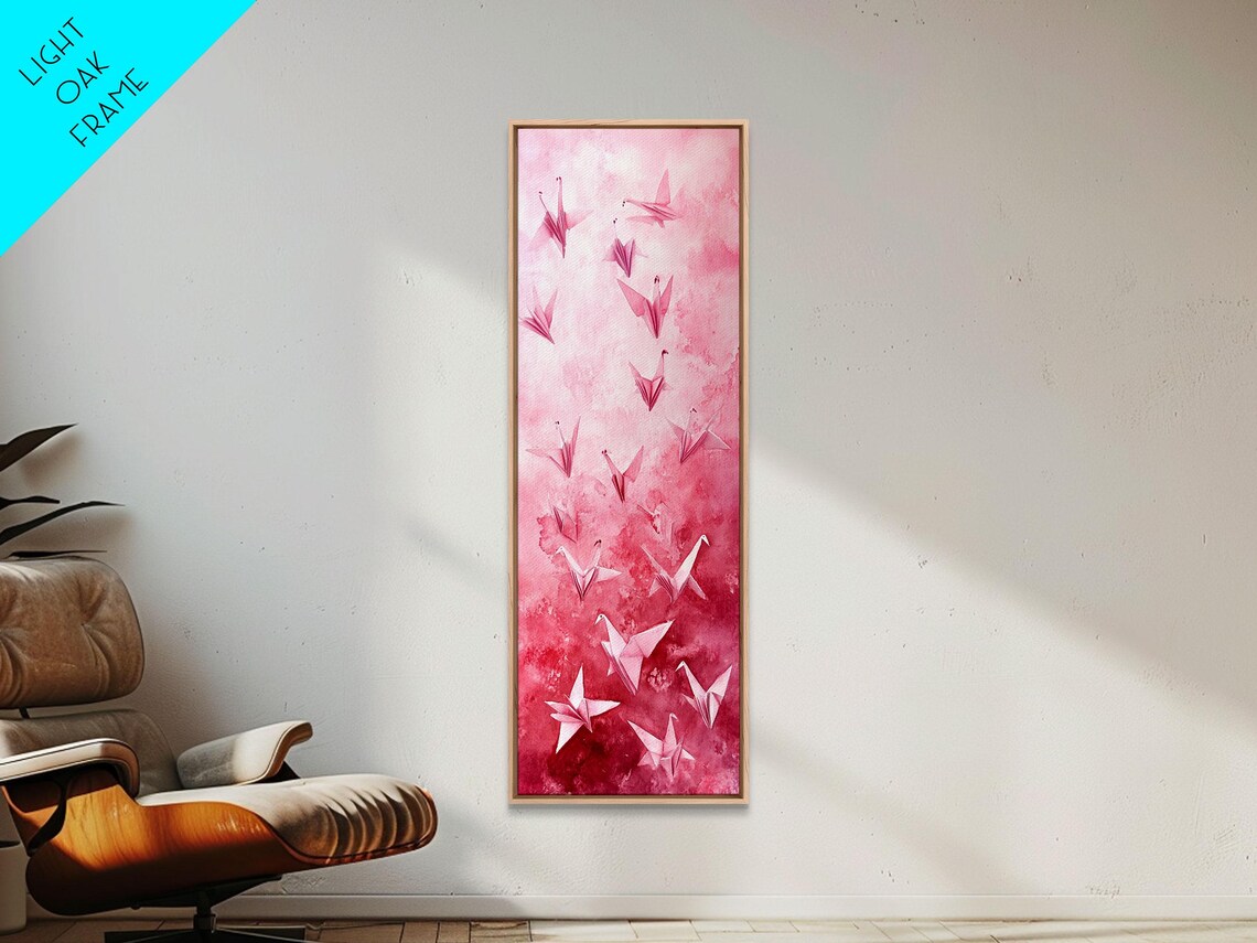 Pink Origami Cranes Watercolor Zen Paper Birds Lucky Wall Art - Image 4