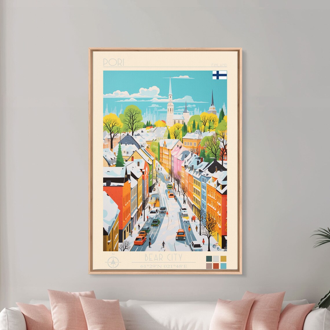 Pori Finland Winter Snow Street Church Towers Old Town Travel Poster - Image 2