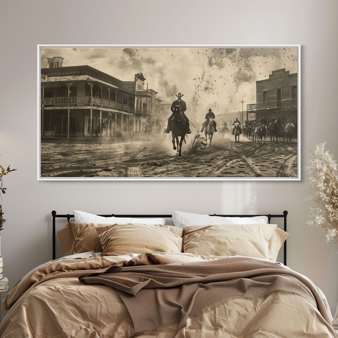 Cowboys Riding Into Old Western Frontier Town Vintage Sepia Art Poster - Image 5