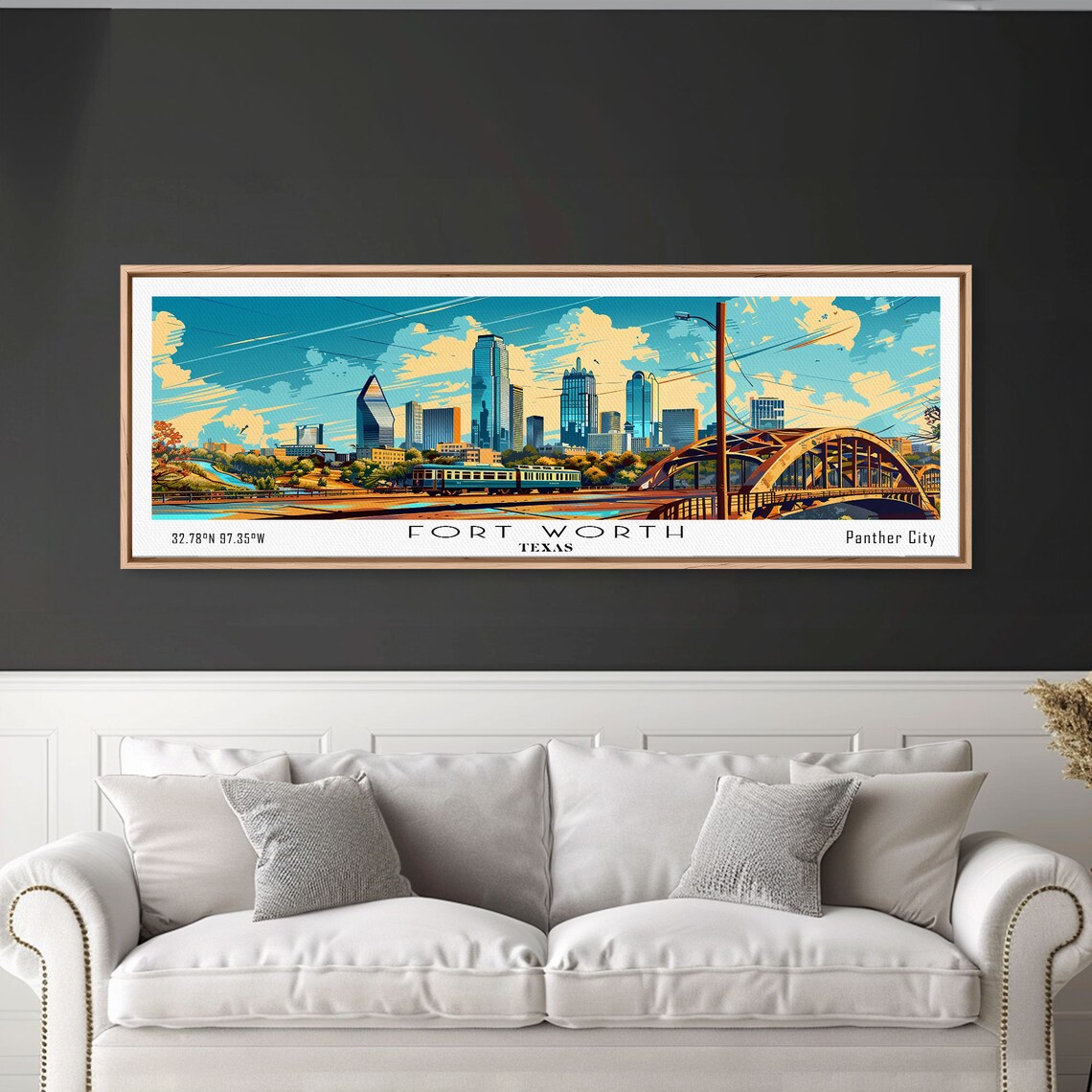 Fort Worth Texas Downtown Skyline Arch Bridge City Train Travel Poster