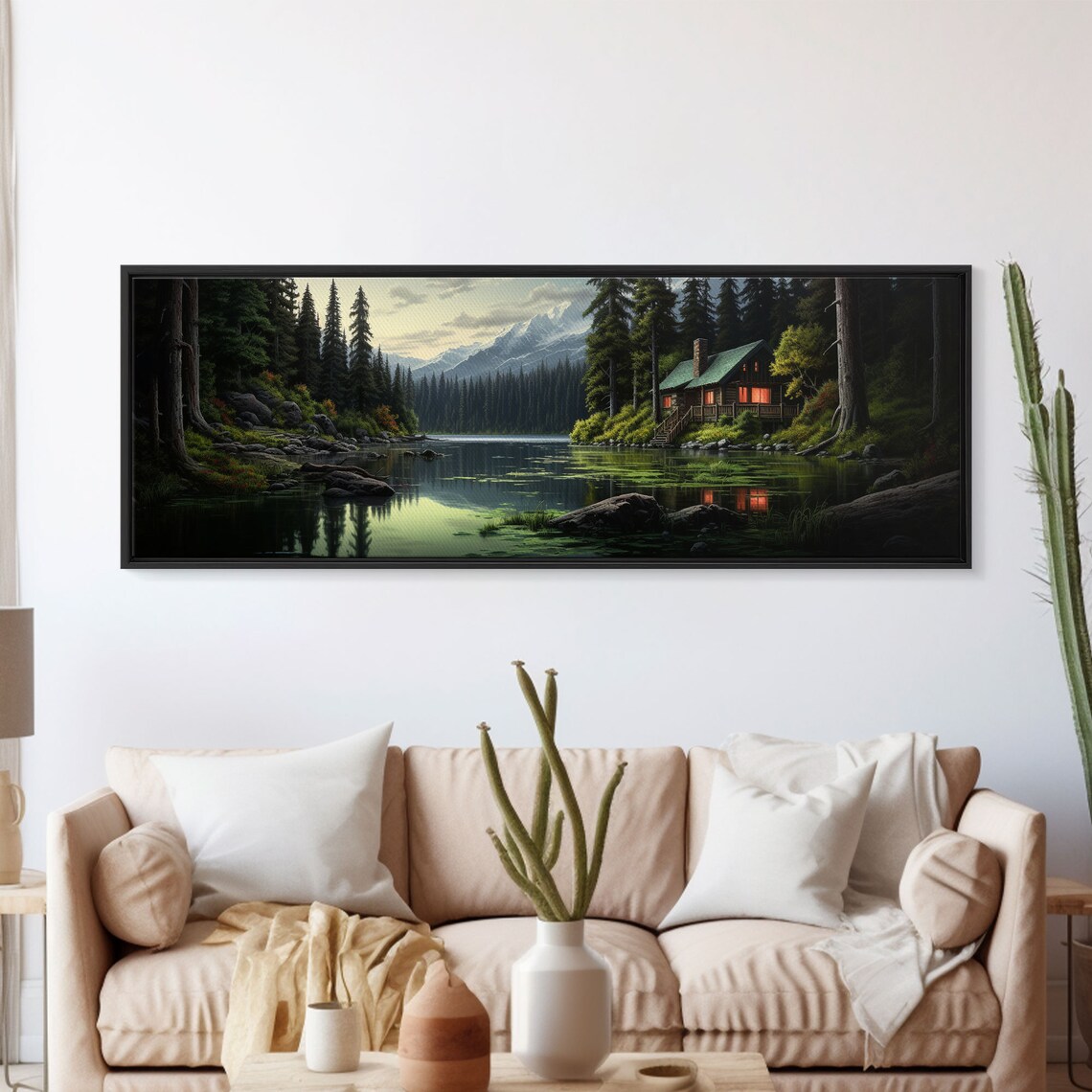 Cozy Cabin on the Lake, Farmhouse Landscape Art Print