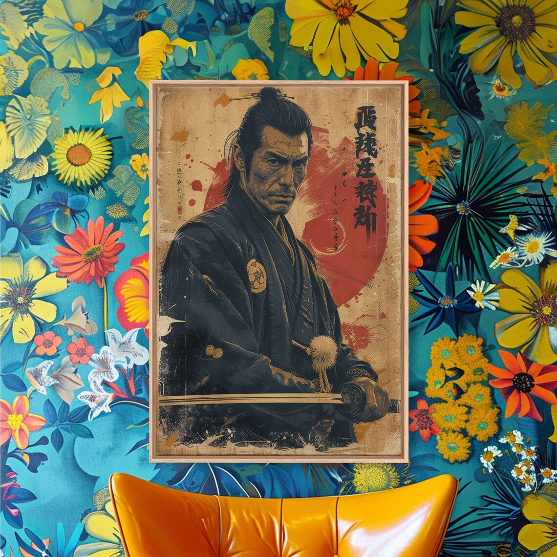 Samurai Warrior Portrait Red Sun Vintage Japanese Style Wall Art - Image 5