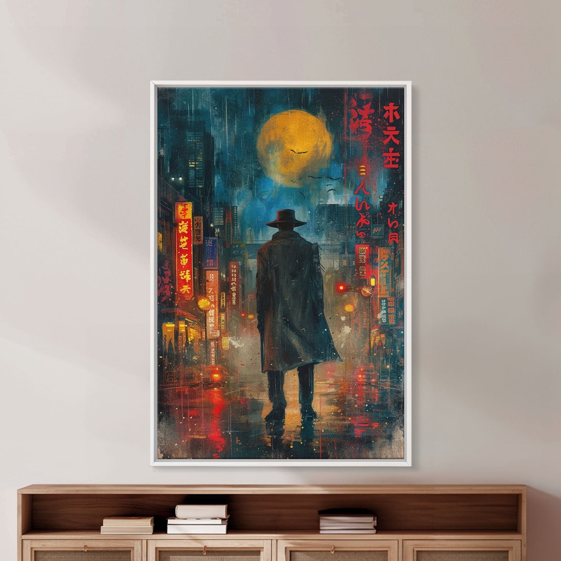 Dark Japanese Gold Moon And Cranes Cityscape Art Print Noir Detective Film Art Tokyo Night Market Art Print Framed And Printed Art - Image 4