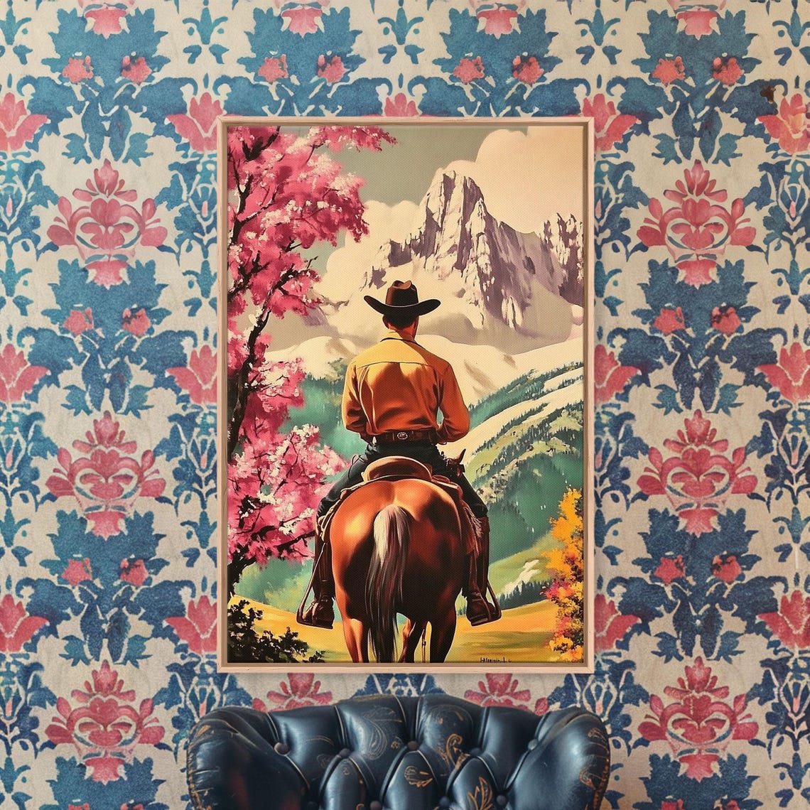 Cowboy Riding Past Pink Flowering Trees Rocky Mountain Meadow Poster - Image 3