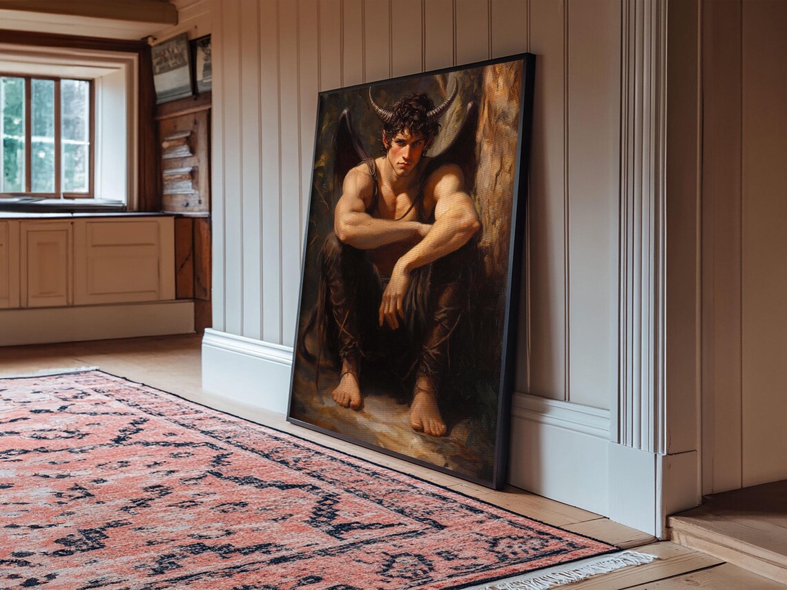 Satyr Young Horned Man Crouching Dark Mythology Classical Oil Art Poster - Image 4