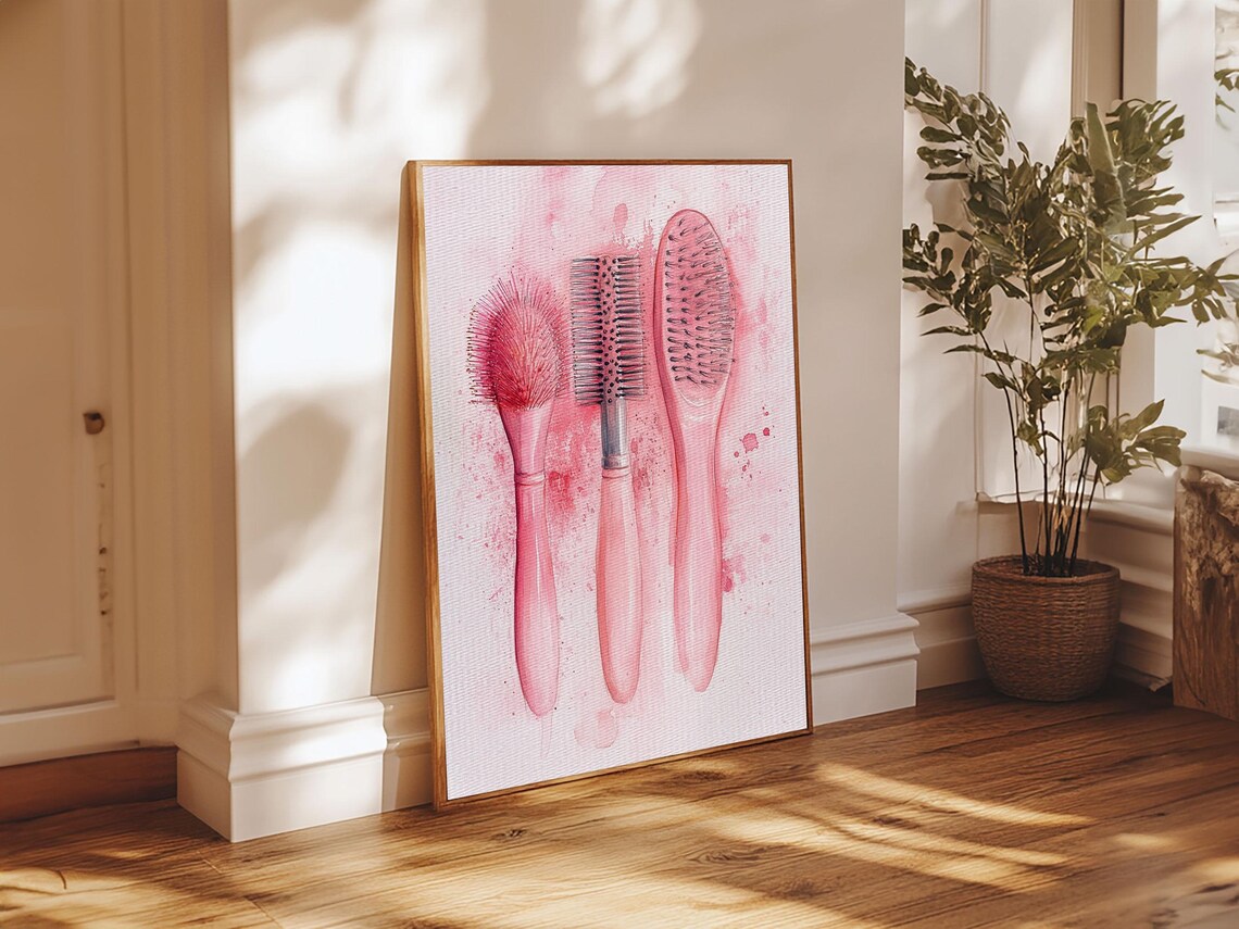 Pink Hairbrushes Watercolor Beauty Salon Chic Feminine Wall Art - Image 6