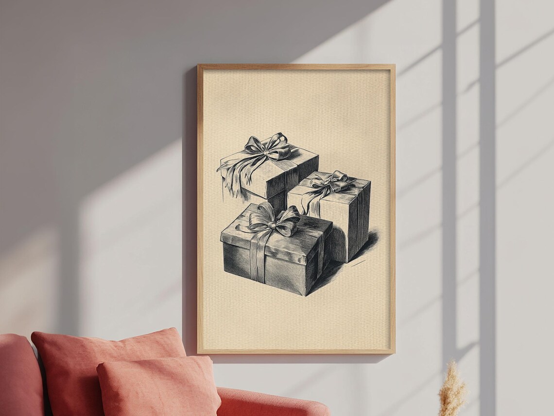 Three Wrapped Christmas Gifts Bow Sketch Vintage Holiday Poster Art - Image 5