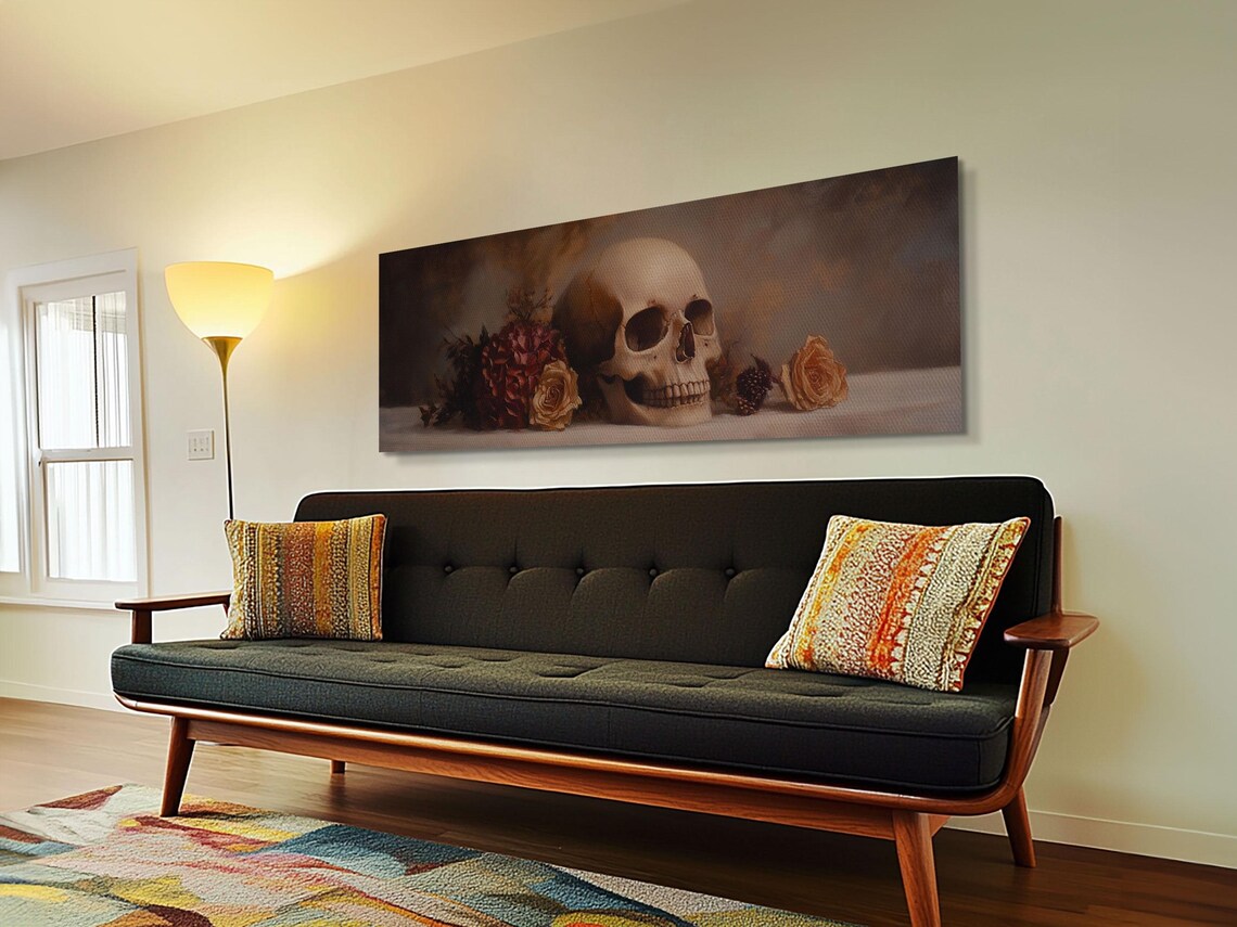 Skull And Flowers Still Life Panoramic Painting Moody Gothic Roses Poster - Image 6