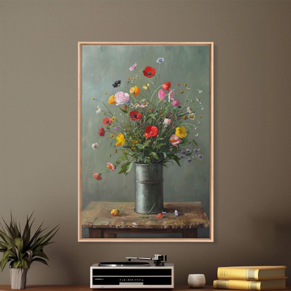 Wildflowers In Metal Vase On Weathered Wood Rustic Still Life Poster