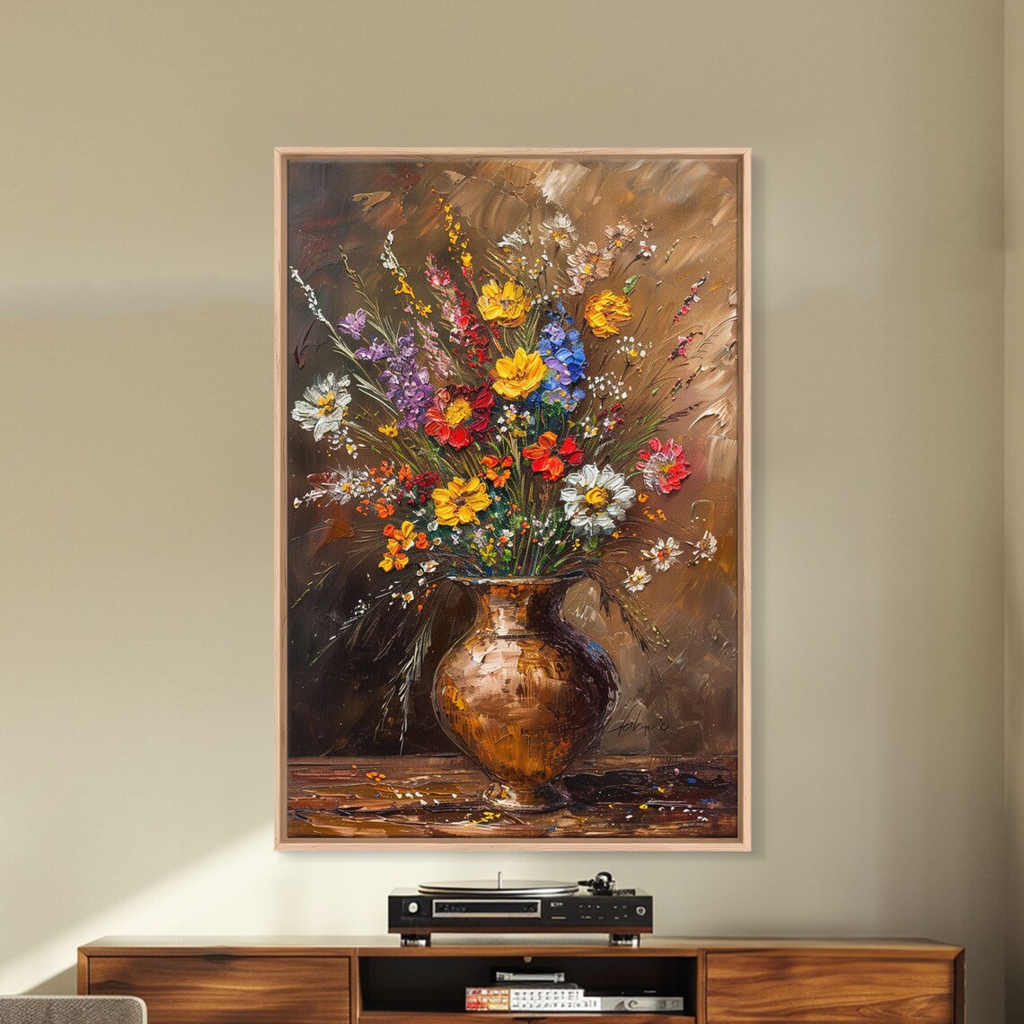 Lush Wildflower Arrangement In Bronze Vase Oil Painting Art Poster - Image 4