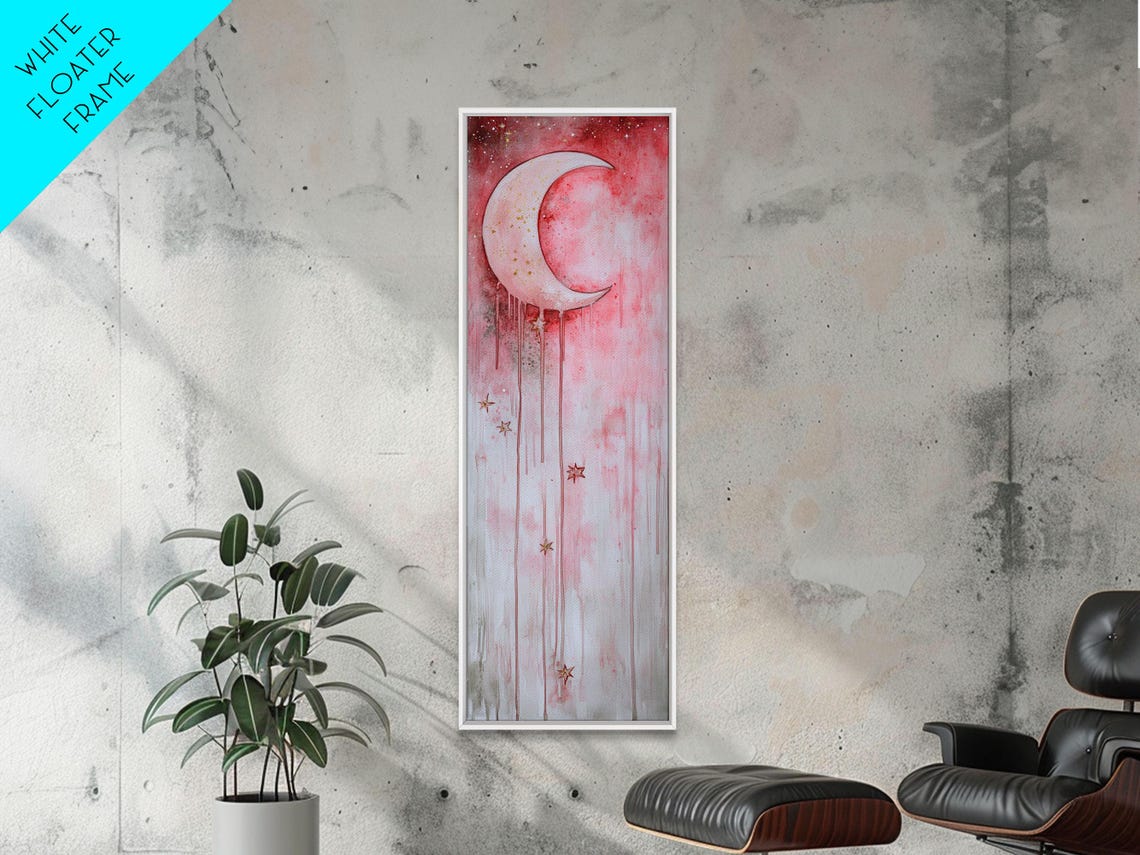 Crescent Moon Over Pink Starry Sky Watercolor Night Celestial Wall Art