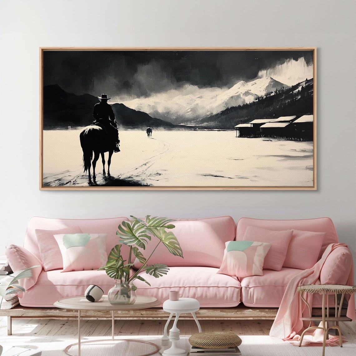 Cowboy Riding Through Snow Toward A Mountain Ranch Black White Print - Image 2