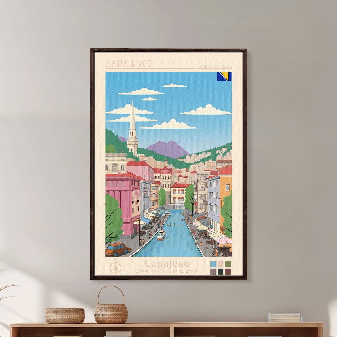 Sarajevo Bosnia Riverfront Old Town Market Street View Travel Poster - Image 2