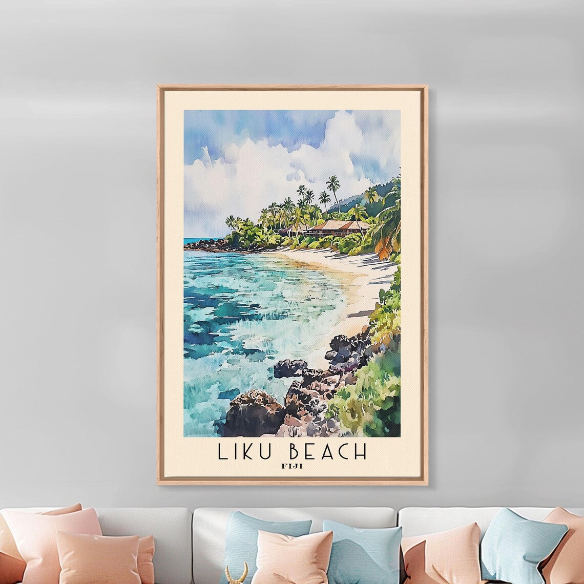 Liku Beach Fiji Turquoise Bay Palm Trees Rocky Shore Watercolor Poster - Image 3