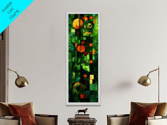 Geometric Abstract Art In Green And Yellow Tones Framed Print Midcentury Modern Art Skinny Art Tall Art Living Room