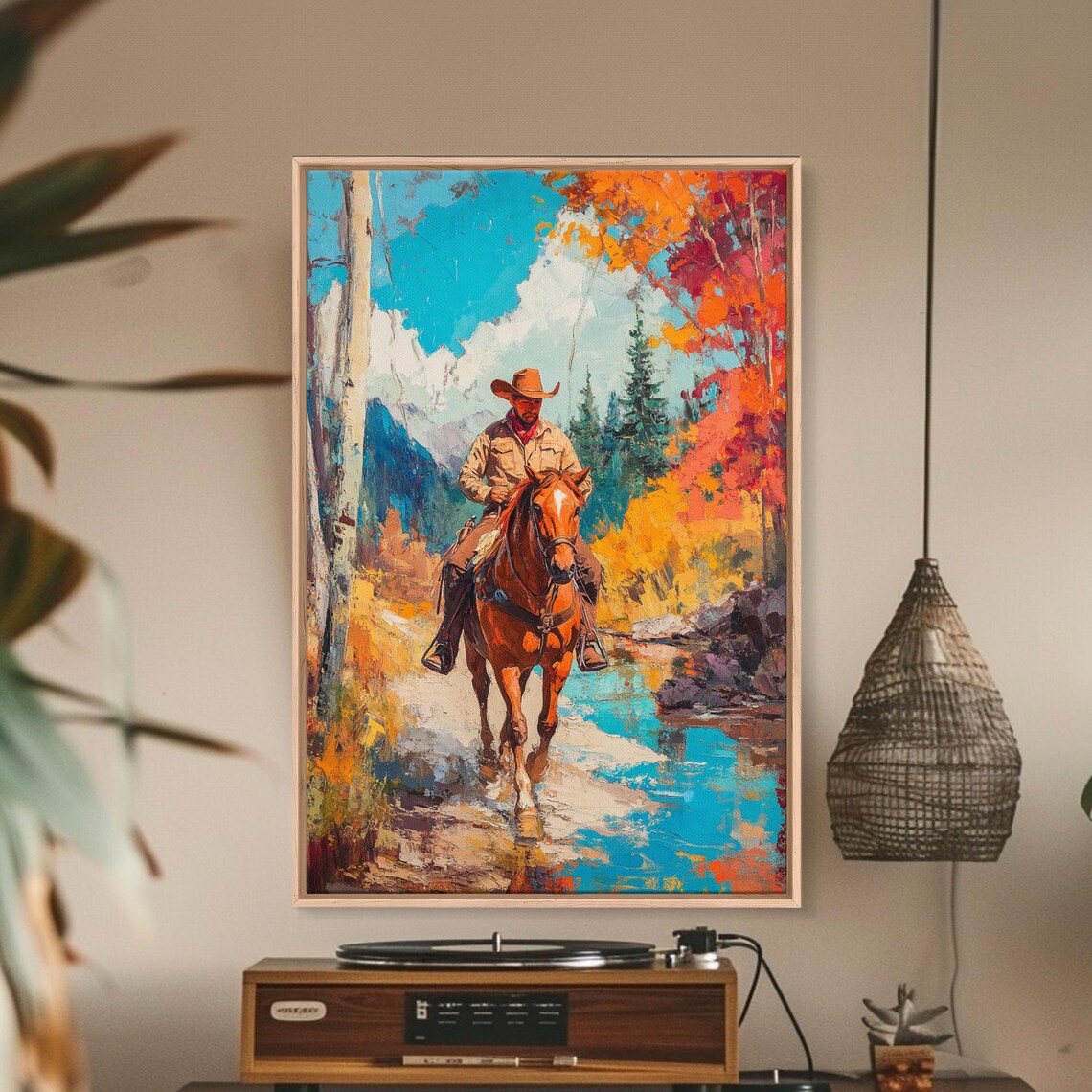 Cowboy Riding Horse Across Autumn Creek Colorful Fall Trees Art Poster - Image 5