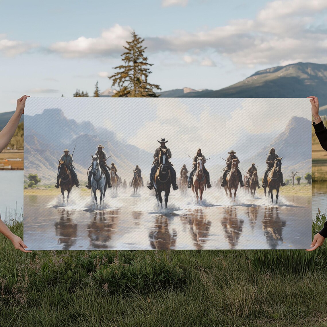 Cowboys On Horseback River Crossing Mountain Western Art Poster