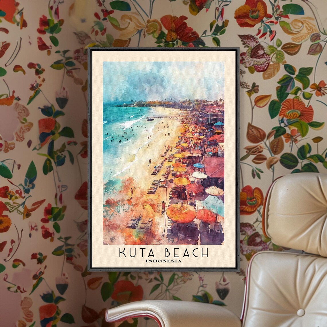 Kuta Beach Indonesia Busy Beach Colorful Umbrellas Surf Watercolor Poster - Image 2