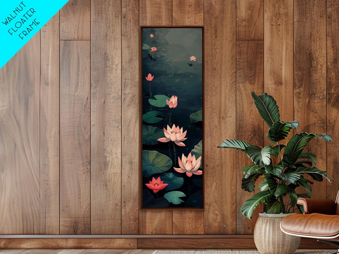 Pink Water Lilies Floating On Dark Still Pond Japanese Style Wall Art - Image 5