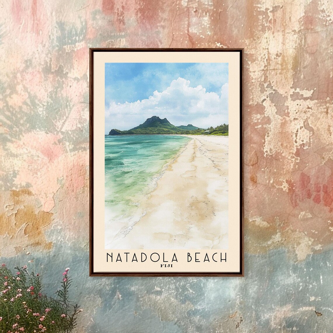 Natadola Beach Fiji Long Sandy Beach Green Mountain Watercolor Poster