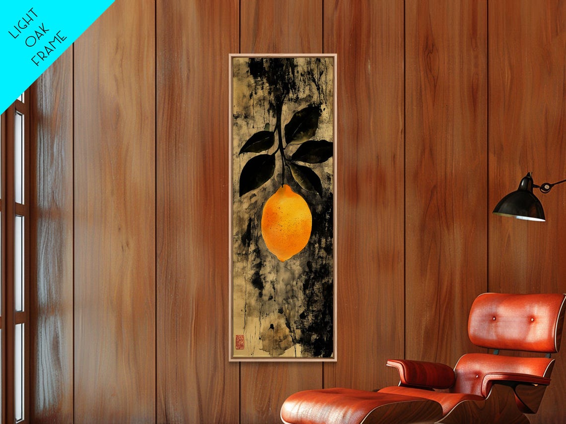 Vintage Single Lemon Dark Leaves Antique Textured Ink Wash Art Poster