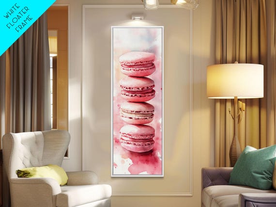 Pink Macarons Art Framed Print Whimsical Food Kitchen Art Light Pink Vertical Skinny Wall Art Cottagecore Rustic Decor