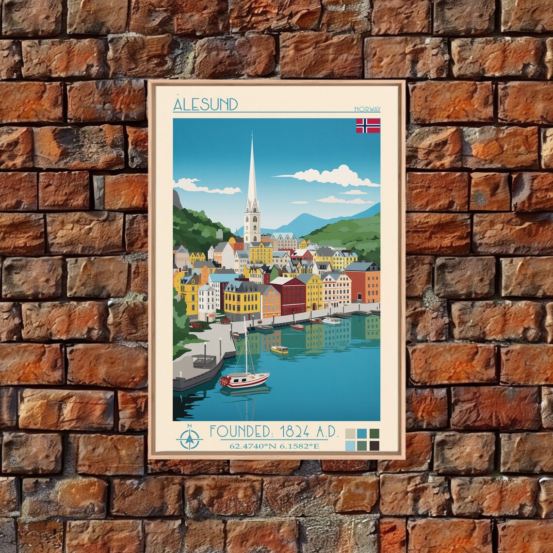 Alesund Norway Colorful Harbor Church Spire View Travel Poster - Image 4