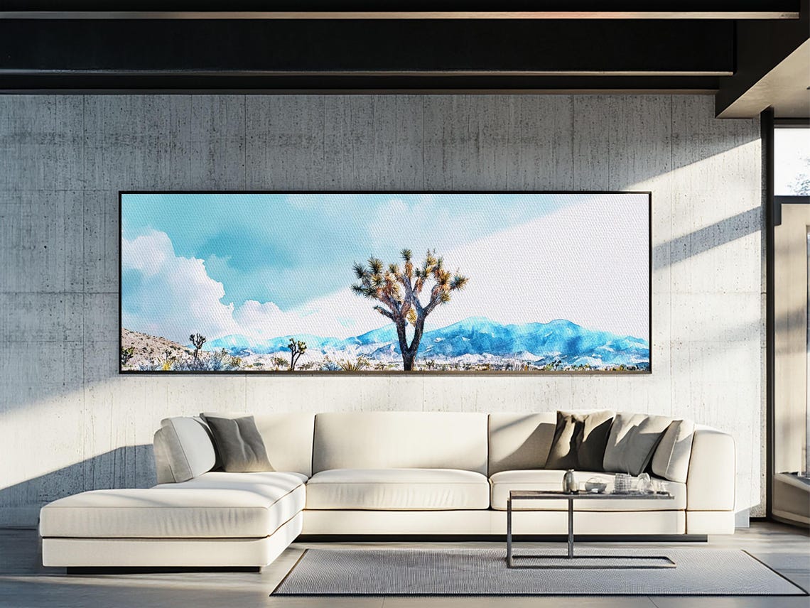 Joshua Tree Desert Watercolor Blue Mountain Panoramic Poster Art - Image 4