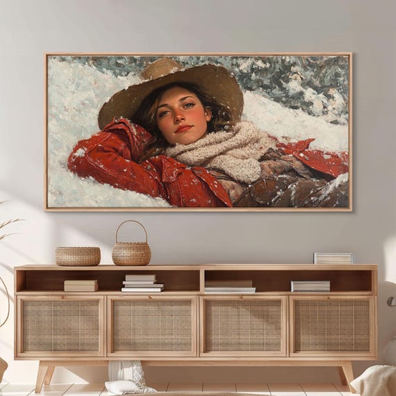 Cowgirl Laying In The Snow Framed Print Cute Rustic Decor Cowgirl Portrait Painting Winter Wall Art
