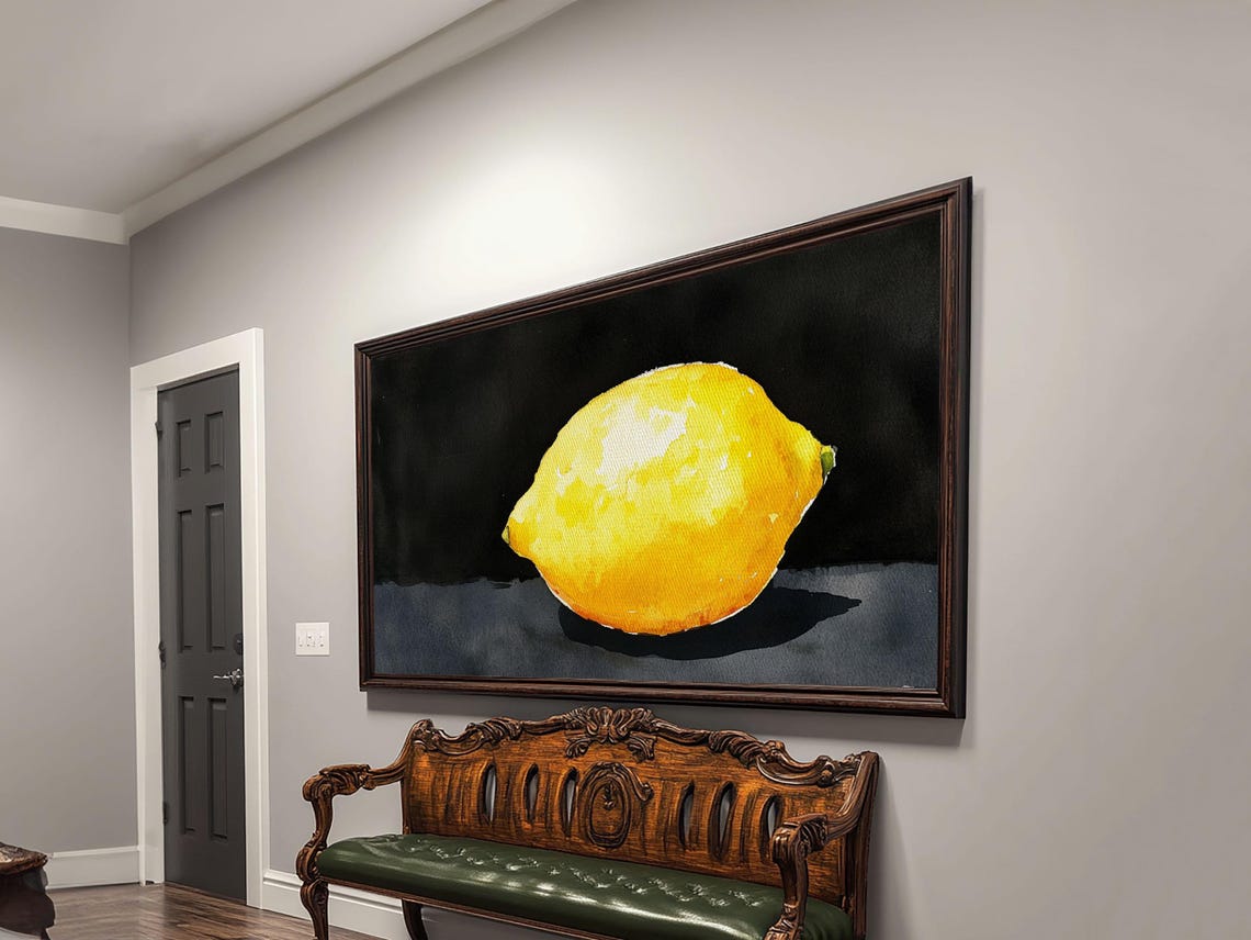 Whole Lemon Watercolor Painting On Black Background Kitchen Wall Art - Image 6