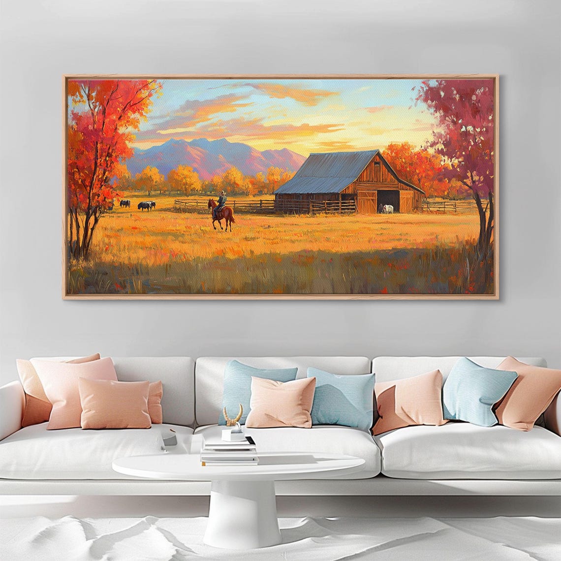 Autumn Cowboy Farm Barn Horses Sunset Mountains Landscape Poster - Image 6