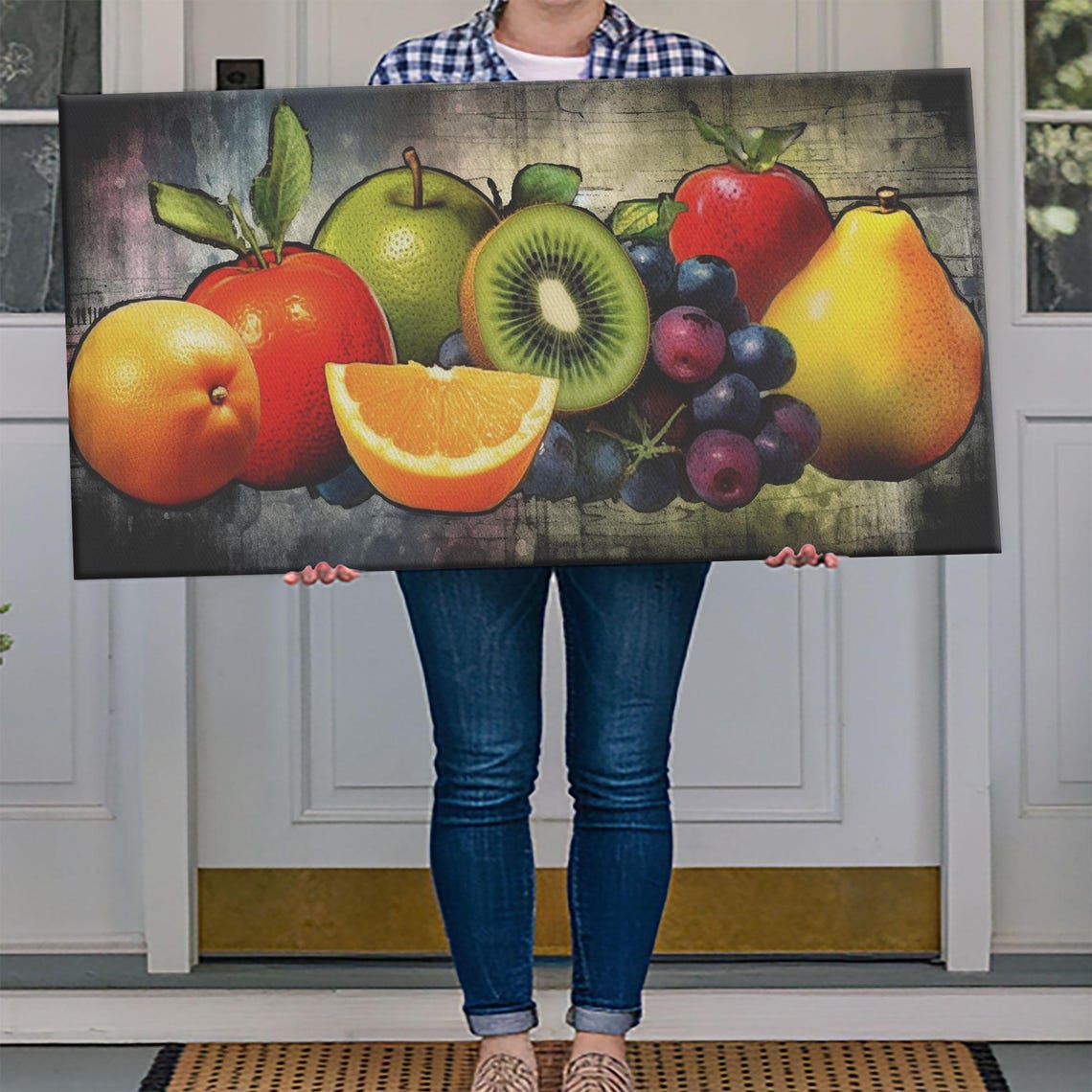 Colorful Fruit Still Life Painting Apples Orange Kiwi Rustic Print - Image 4