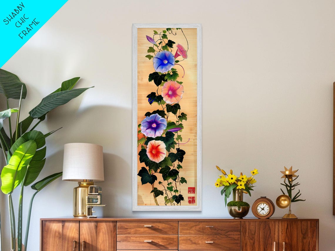 Colorful Morning Glory Vines On Natural Bamboo Wood Ukiyo E Art Poster - Image 4