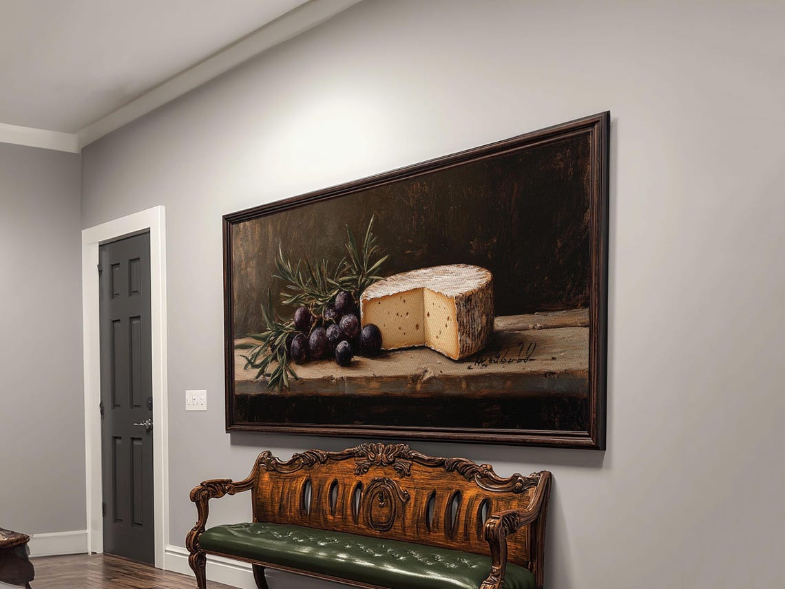 Cheese Wheel Figs Rosemary Rustic Table Vintage Oil Painting Print - Image 6