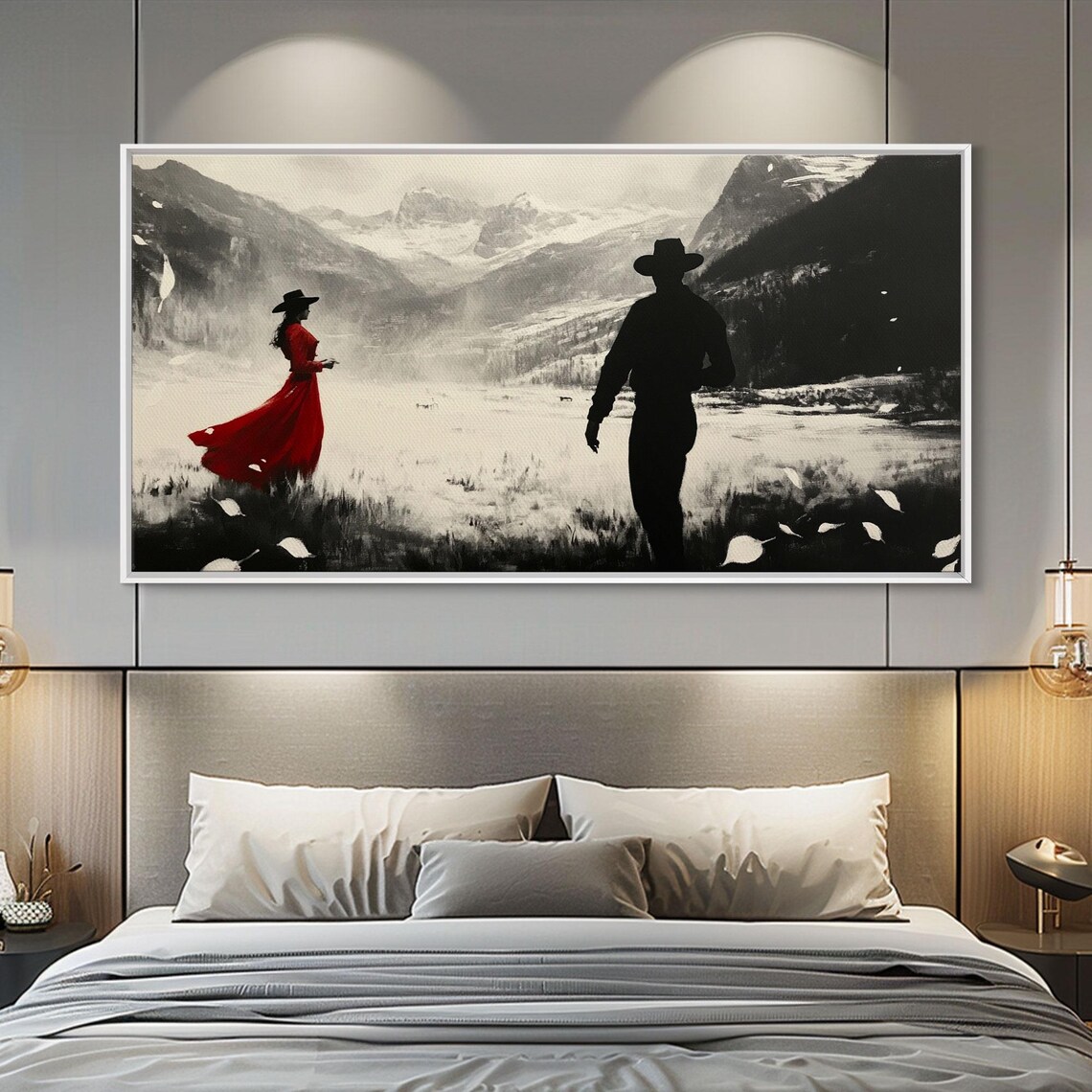 Red Dress Cowgirl Cowboy Silhouette In Snowy Mountain Lake Art Poster - Image 6