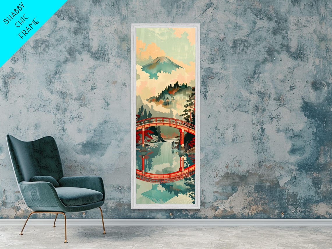 Mount Fuji Red Arched Bridge Reflection Woodblock Style Travel Poster